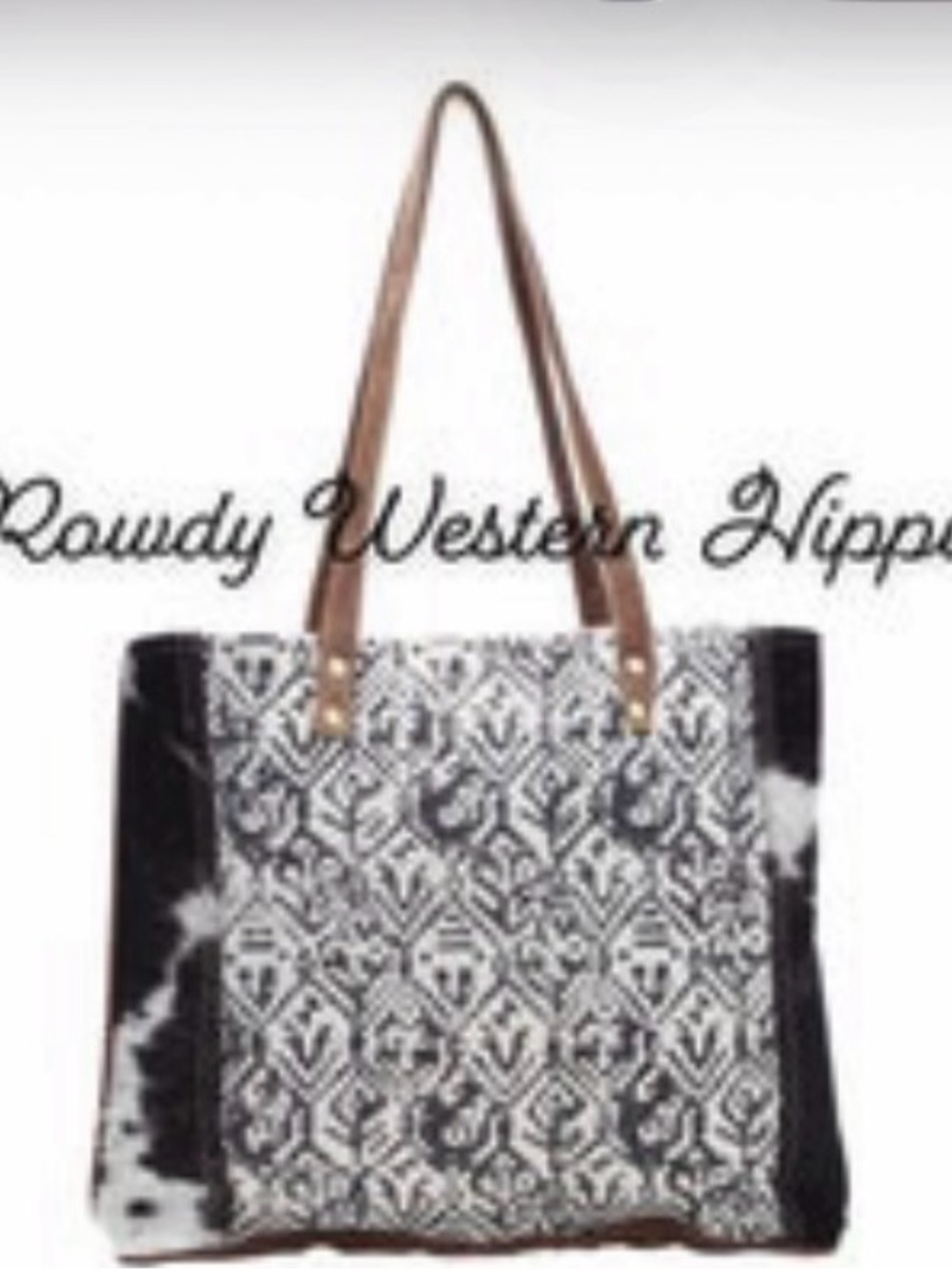 Black & White Patterned Myra Tote Bag with Brown Straps